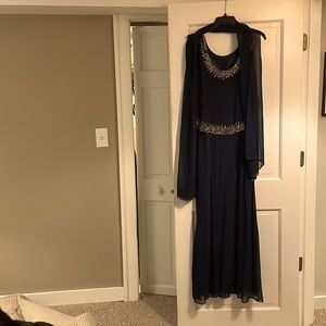 Navy blue evening gown with sequins and shawl with sequins at the bottom